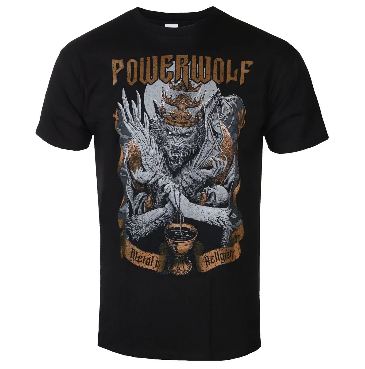 Powerwolf Distressed Vintage Line Print Crown Howling Wolf Angel Bat Wing Holy Cup Front Print Back Vertical Cracked Bronze