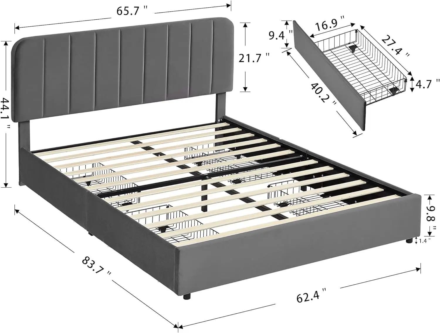 Drawers and Adjustable Headboard, Velvet Platform Storage Bedframe Mattress Foundation, Wooden Slats Support