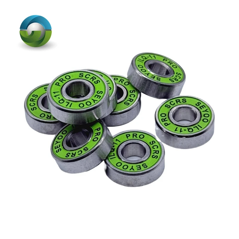 8Pcs 608RS ILQ-11 Skate Bearings (8x22x7) with green/orange/black seals for a smooth, fast ride on longboards, skates, and scoot