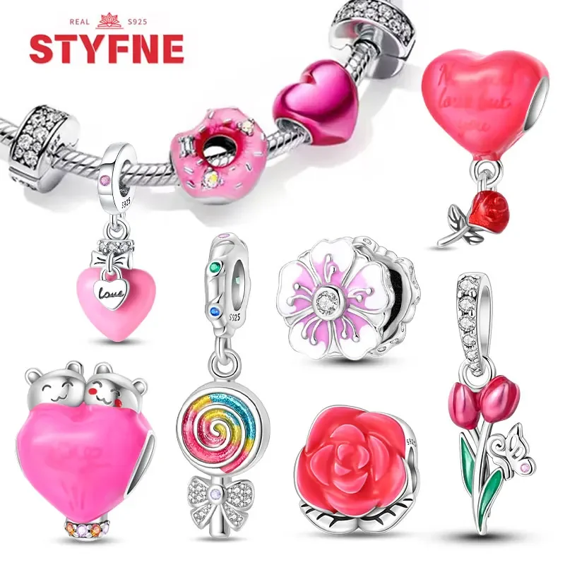 

Silver S925 Pink Heart Charms Color Changing Rose Love 925 silver Beads Charm Original Bracelet DIY Fine Jewelry Gifts for Women