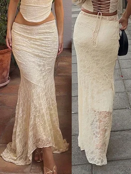 Dames Kanten Fishtail Rok Casual Voor Strandvakantie Doorzichtig Mid-Taille Maxi Rokken Vrouwen 2024 Herfst Lente