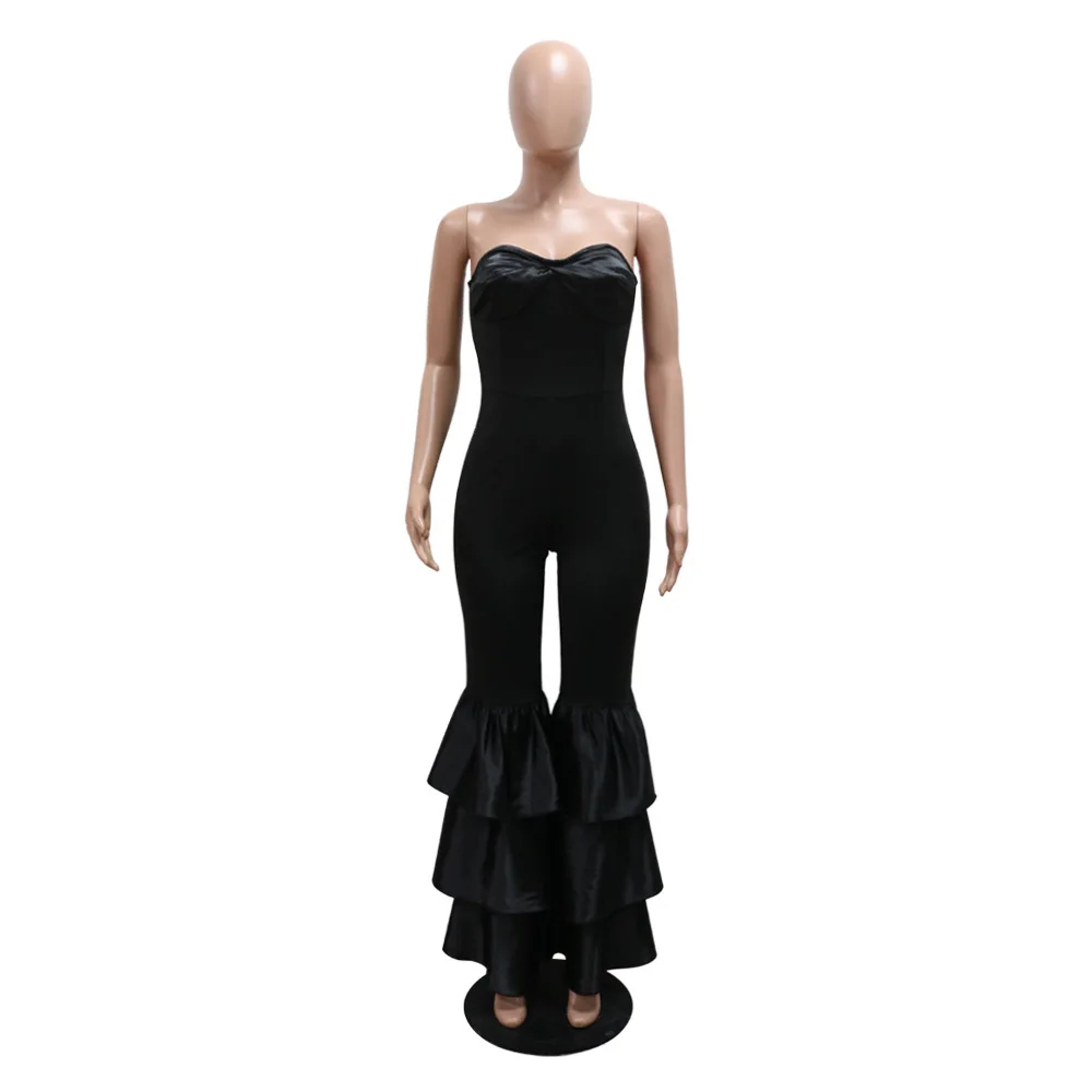 Sexy Ruched Patchwork Bodycon Jumpsuits Woman Solid Sleeveless Backless Tiered Ruffle One Piece Rompers Female Overalls New