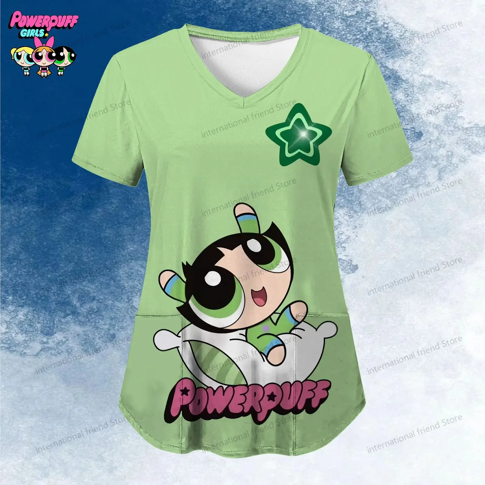 Women\'s V Neck Nurse Uniform T-Shirt Pocket The Powerpuff Girls Summer Woman Clothing Kawaii Y2k New Dress Tshirts Dames 2024