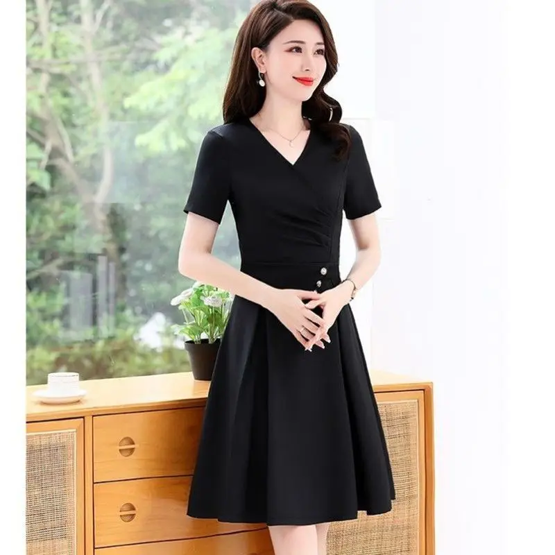 

Women's Summer New Autumn Dress Elegant Fashion Versatile V-Neck Temperament Ladies Reduce Age Waist Slim Mid Length Skirt Shirt