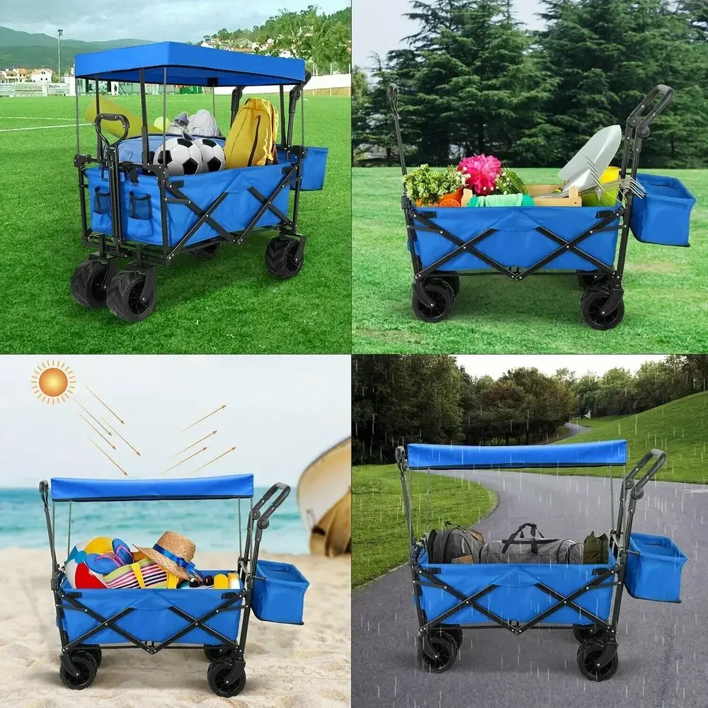 Large Collapsible Garden Cart/Wagon with Removable Canopy, 115kg Capacity Push& Pull Utility Cart with Rear Storage,600D Oxfort