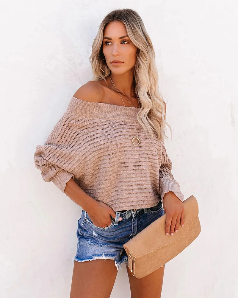 Autumn Winter Bohemian Pullover Sweaters Women's Batwing Sleeve Oversize Jumper  Off Shoulder Sexy Solid Knitwear Sweater