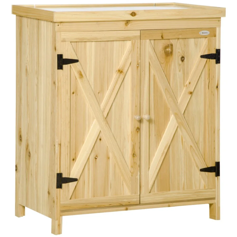 

Garden Tool Shed Outdoor Storage Cabinet Galvanized Top 2 Shelves Natural