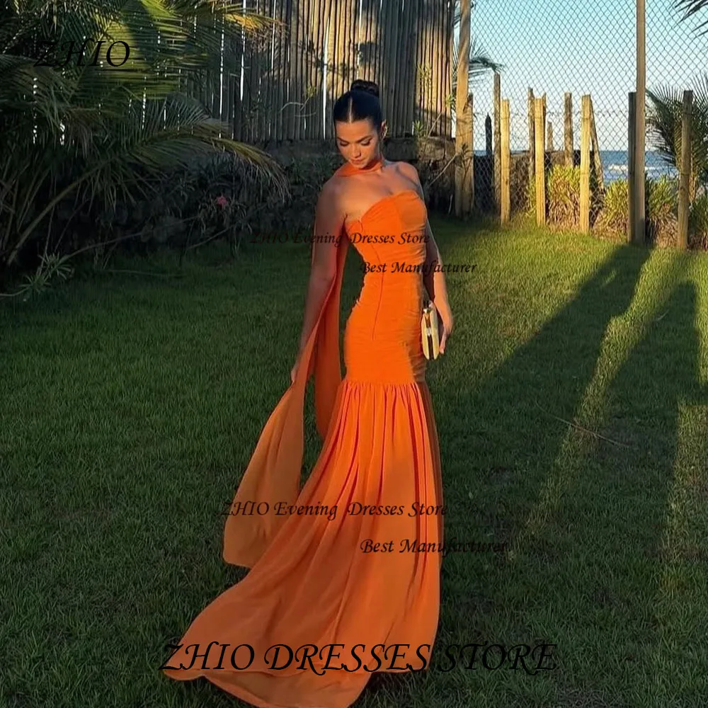 ZHIO Classic Orange Satin Evening Gown with Scarf Pleats A Line Strapless Long Party Dress Sweep Train Prom Gown Customized
