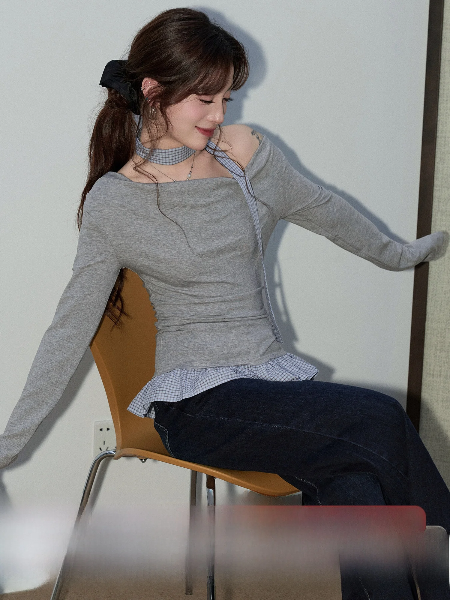 

Asymmetric oulder Long Sve Knitted irt Women's Sle Soft Fit Korean ey Plaid Ruffle Waist in Spring New Arrival