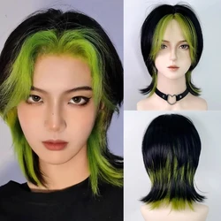Short Straight Mullet Head Wigs Synthetic Black Green Blend Lolita Cosplay Hair Heat Resistant Wig for Daily Party