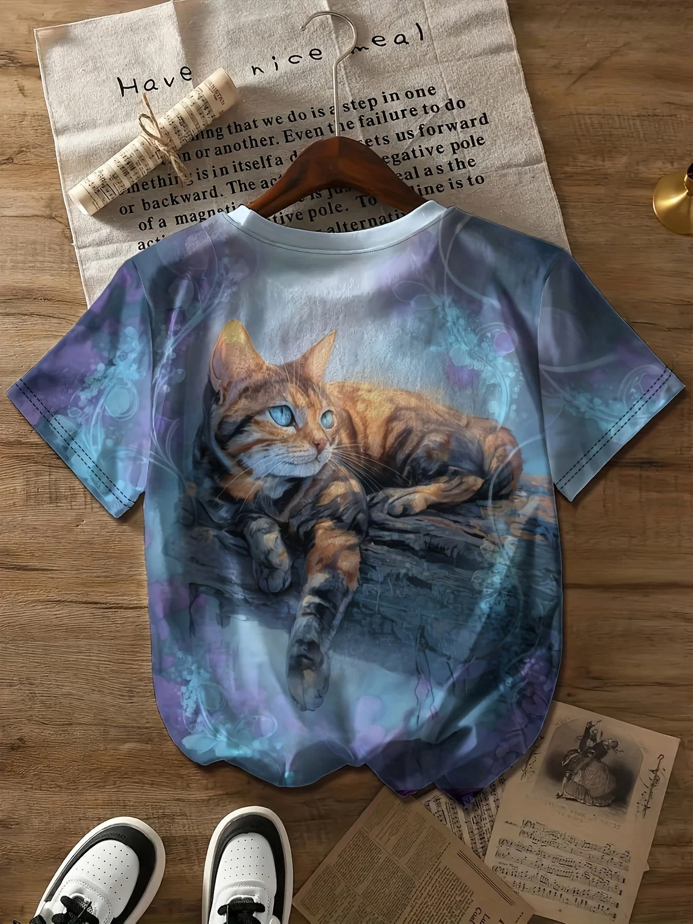 Women's T‑shirt Mystic Purple Floral Lying Tabby Cat Art Print Short Sleeve Crew Neck Summer Casual Daily Tops Women Clothing