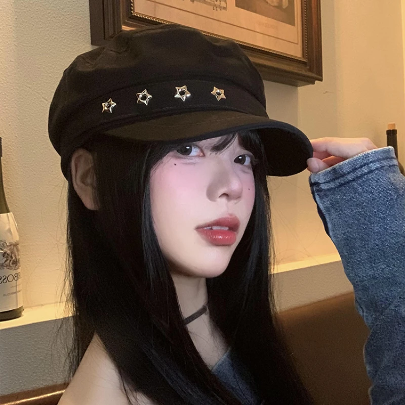 Star Hole Design Black Berets for Women Summer Autumn Outdoor Casual Sun Protection Versatile Personality Flat Top Newsboy Hats