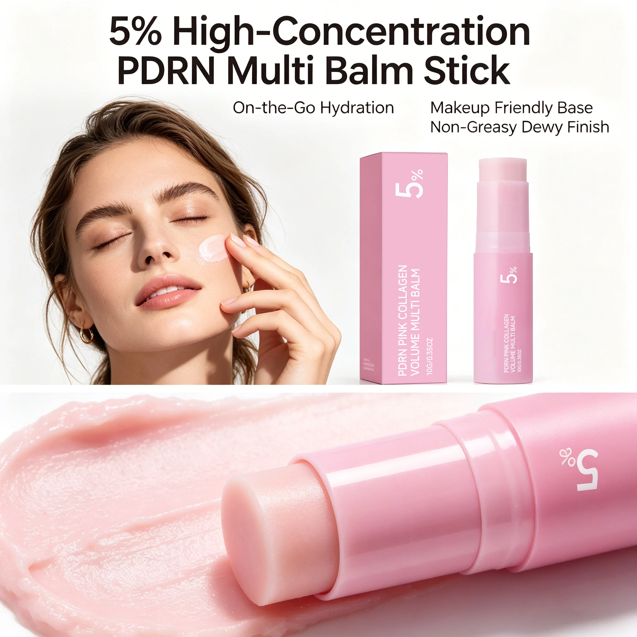 Bálsamo en Barra PDRN Rosa con Colágeno, Bálsamo Multiusos Hidratante Facial, Humectante para una Piel Radiante, Cuidado de la Piel Coreano, Barra de Belleza para Viaje