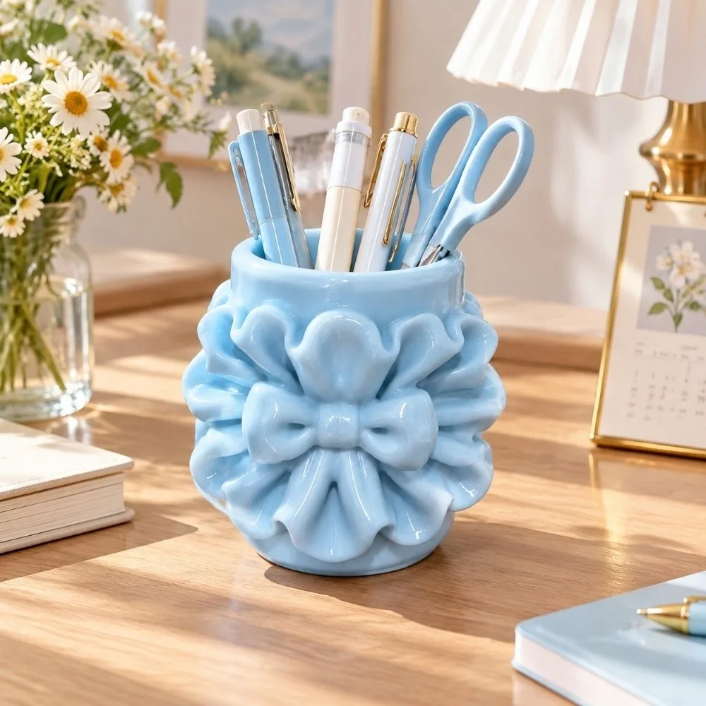 Aesthetic 3D Printed Makeup Brush Holder Bow Irregular Desktop Organizer Multifunctional Storage Box Beauty Tool Storage