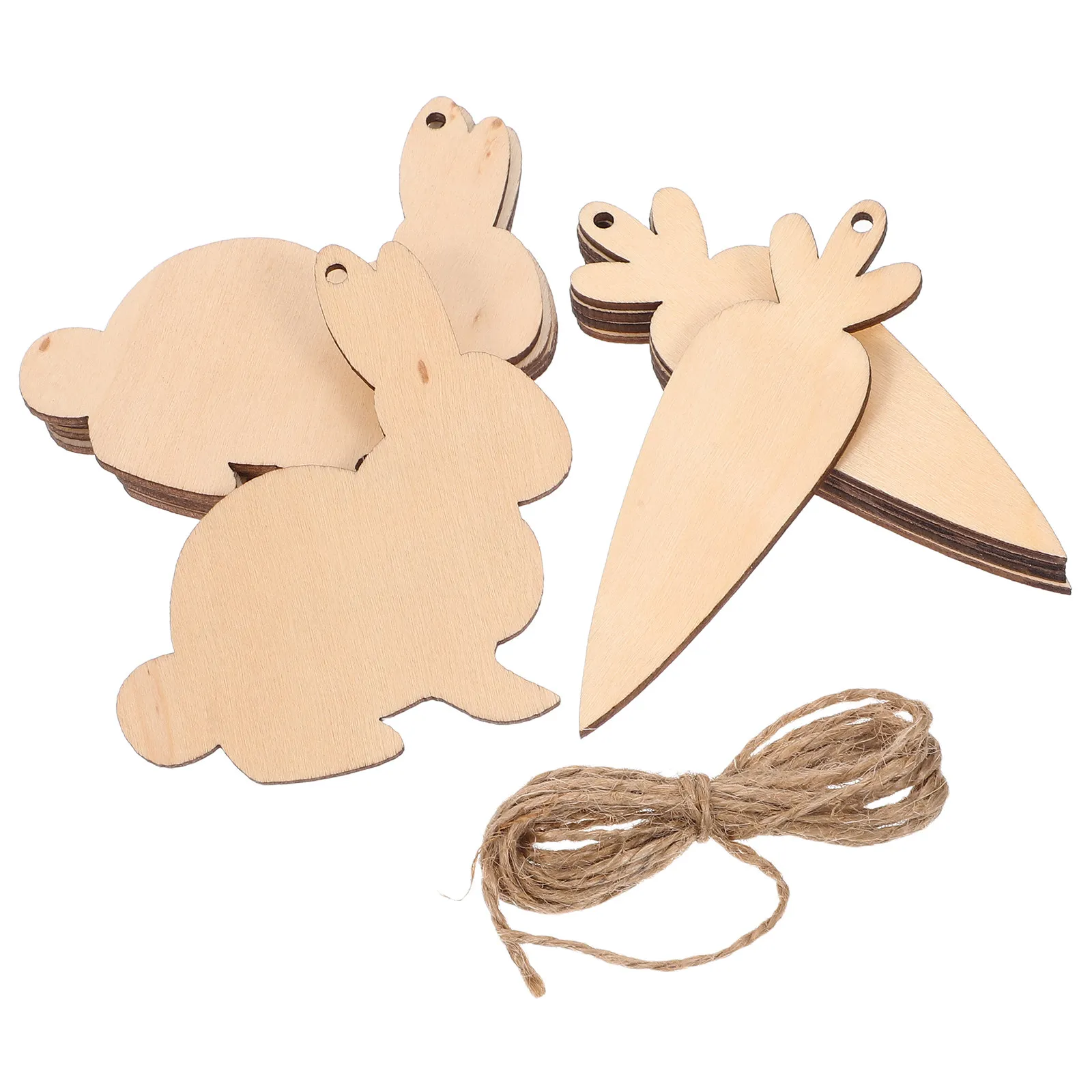 1Set Easter Wood Slices Bunny Carrot Design Smooth Surface DIY Painting Ornaments with Twine for Home Decor Craft Supply Hanging