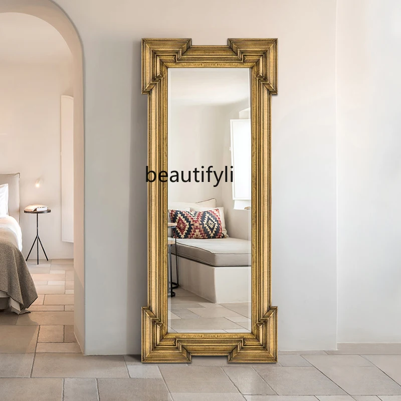 European Retro Dressing Mirror Living Room Cloakroom Large Floor Mirror Home Antique Square Full-Length Mirror