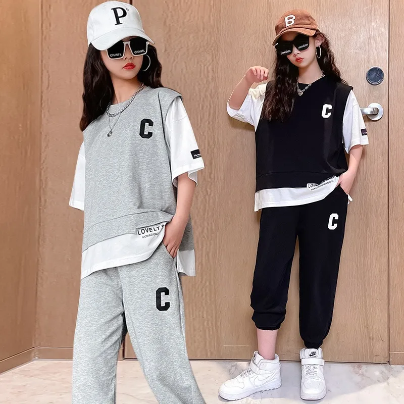 2PCS 2023 new Summer teens Girls Clothes children Sets Outfits Kids loose T-shirt + ankle-tied Pants tracksuit 6 8 10 12 14 Year