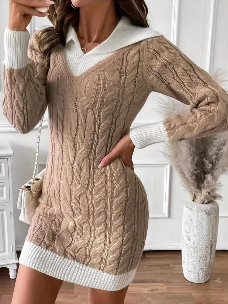 

Woman's Long Sleeves Knitted Dress Fashion Color Matching Flip Collar Twisted Dough Dress Spring Autumn Ladies Slim Vestidos