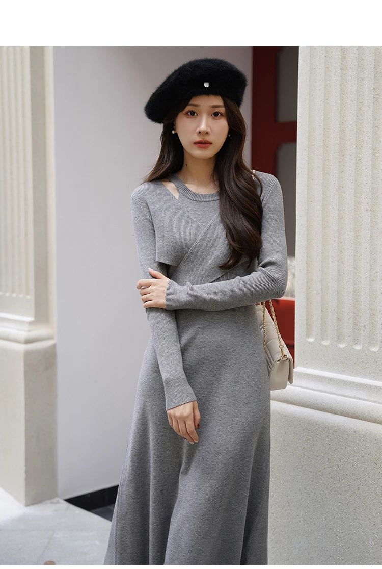 Elegant Halter Knit Dress Women Fall Winter Two-Piece Look Slim Fit Long Sleeve Pullover Sweater Midi Dress Office Daily Wear