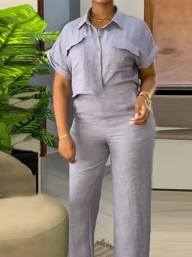 Conjunto de 2 piezas liso a la moda para mujer, pantalón corto informal, camisa con botones de manga, Top + pantalones de pierna ancha de cintura alta, trajes para mujer de oficina, nuevo