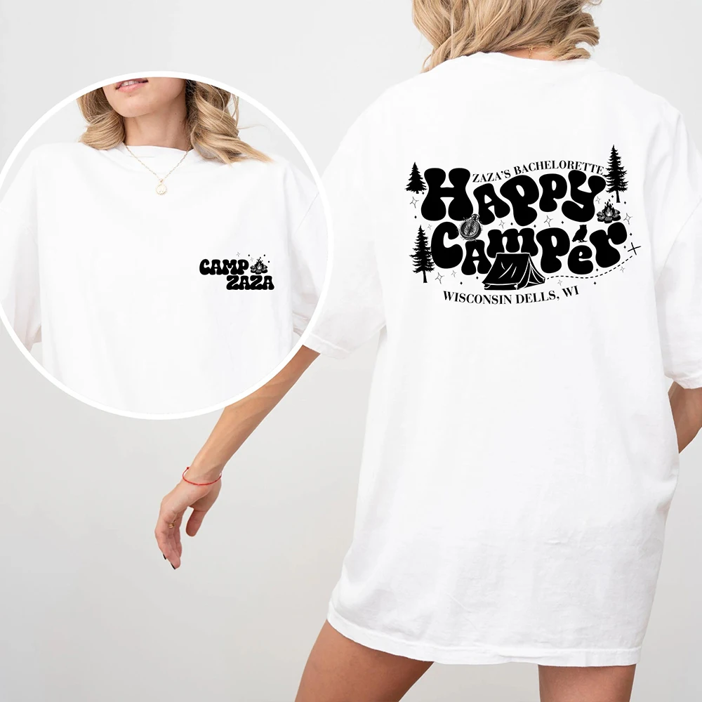 Custom Camp Bachelorette Shirts Camping Bridesmaid Gift Happy Camper Bride Camping Shirt Y2K Unisex Top Daily Trendy Streetwear