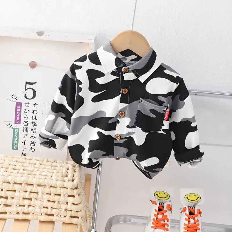 

2023 Spring New Trend Fashion Lapel Single-breasted Spliced Pocket Cartoon Pattern Printed Long Sleeve Korean Version Shirt