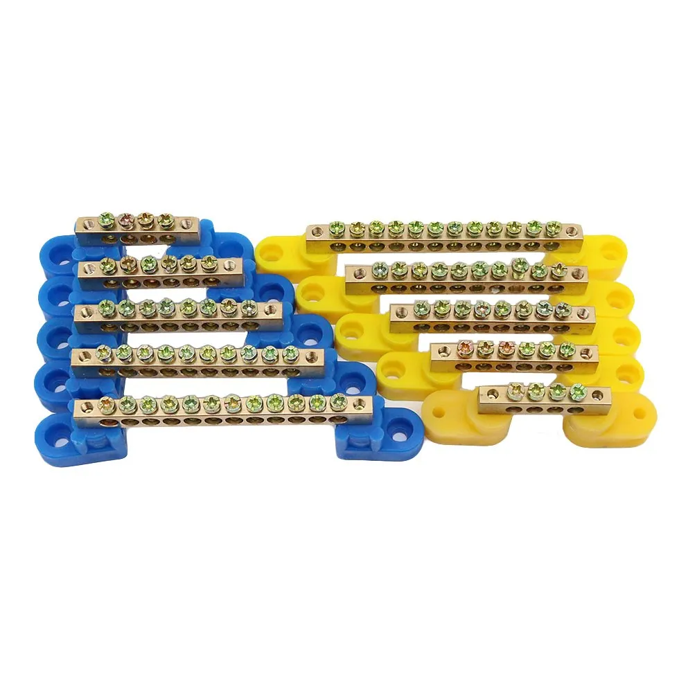 Blue yellow Bridge Design Zero Line 4-12 Pole Screw Brass Copper Grounding Strip Terminal Block Connector Earth And Neutral