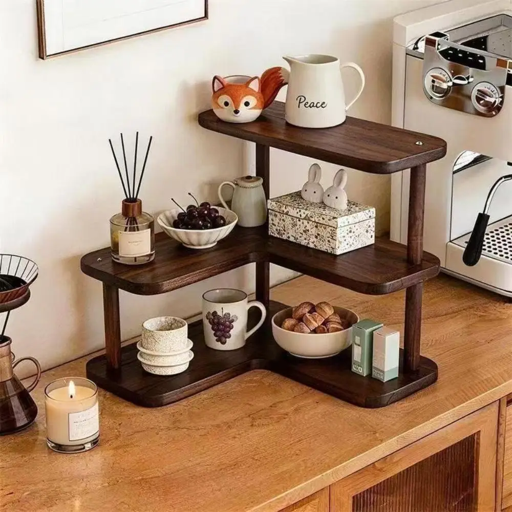 Étagère d'angle de bureau à plusieurs niveaux, finition imitation bois, structure à plusieurs niveaux, support de rangement pour tasses, bords arrondis, gain de place