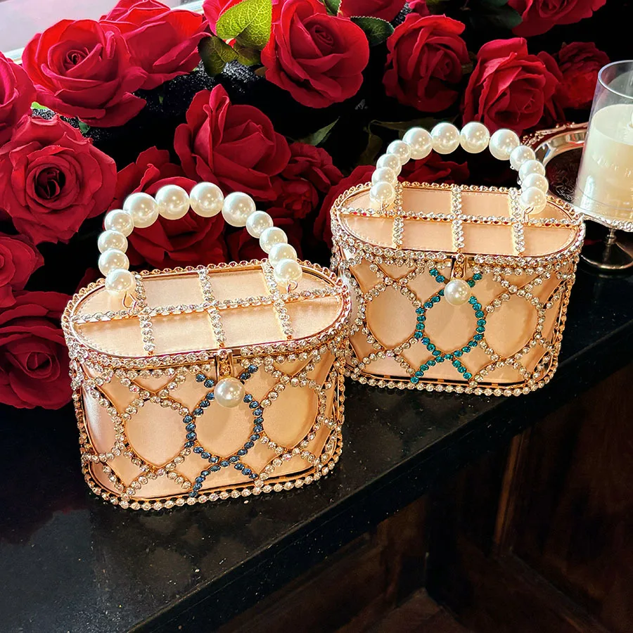 French Pearl Diamond Hand-held Vegetable Basket Bag Metal Mesh Delicate Shine Gentle Noble Banquet Bag