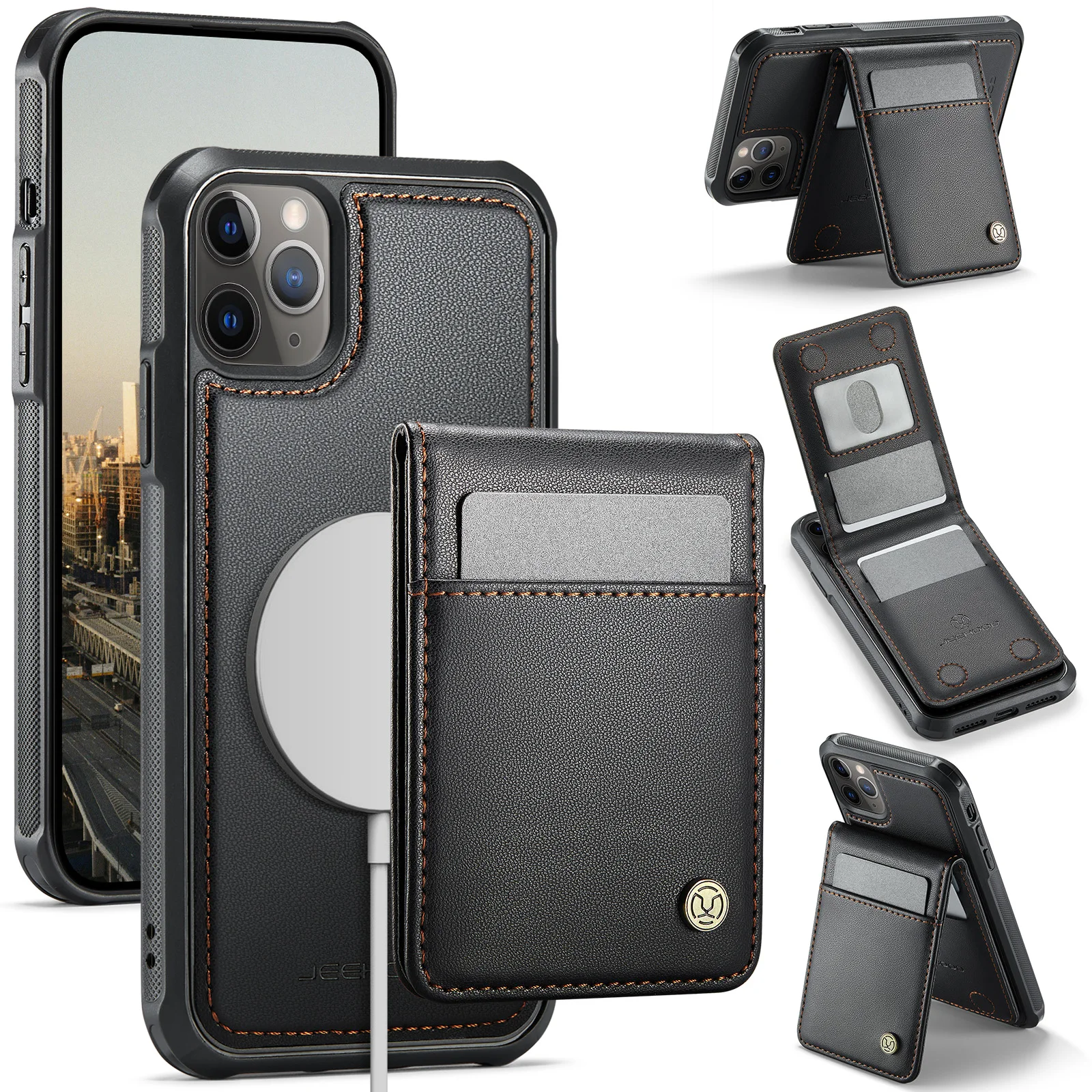 

JEEHOOD-J06 Wallet Case for iPhone 17 Pro Max 16 15 14 13 12 11 , Luxury 2 in 1 PU Leather Card Holder Cover Protector Shell New