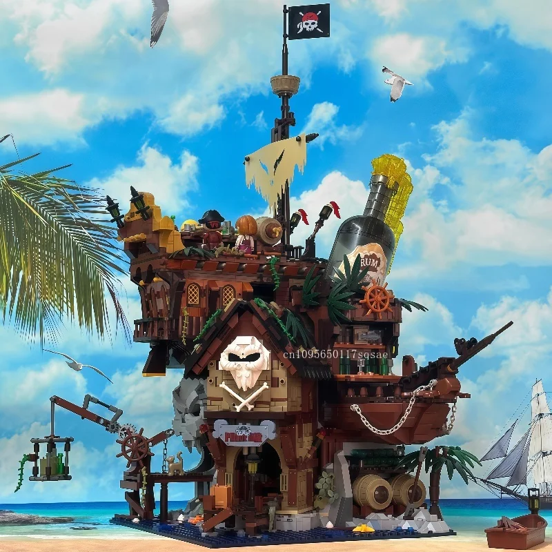 Blocs de construction de bateau Pirate, ensemble de magasin à thème de Bar Pirate, modèle de maison en bois d'aventure, jouet d'assemblage, ornement de bureau, cadeau pour enfants