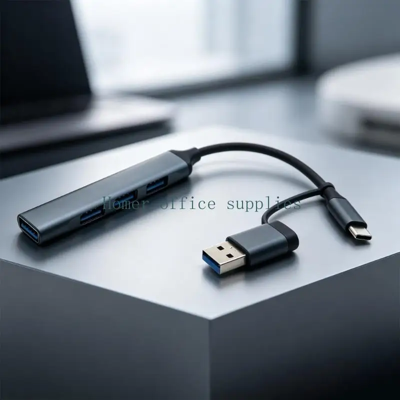 K43B Double Plugs USB Hubs with 4 USB-A Port, Builts-In USB C and USB-A Host Leads, 1 USB3.0 Plus 3 USB2.0 Port, Slim Gray Hubs