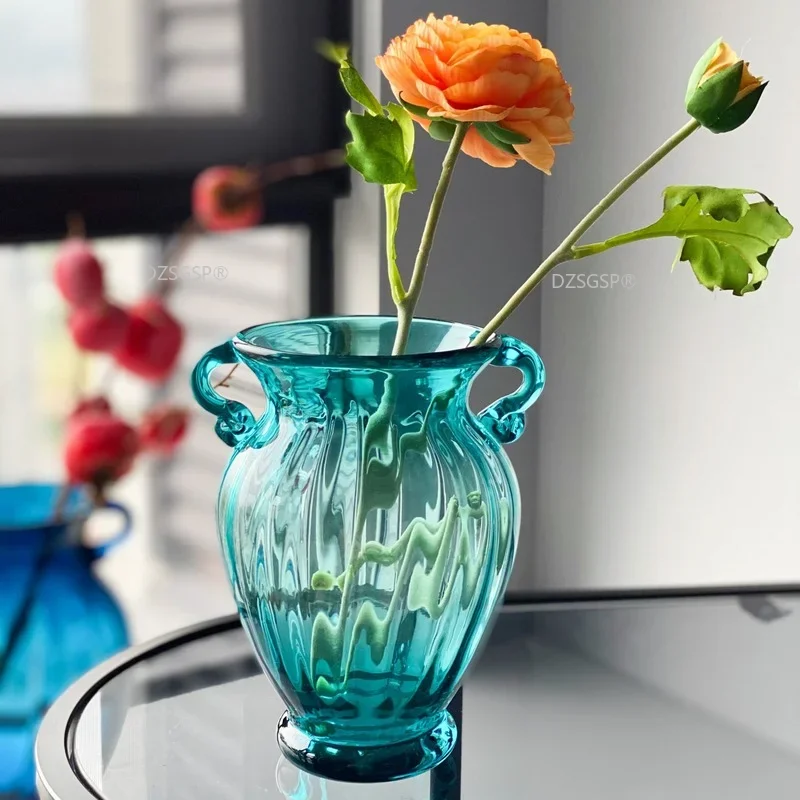 Modern Hydroponic Flower Vase Wedding Decoration Accessories Nordic Handle Stained Glass Vase Living Room Countertop Decoration