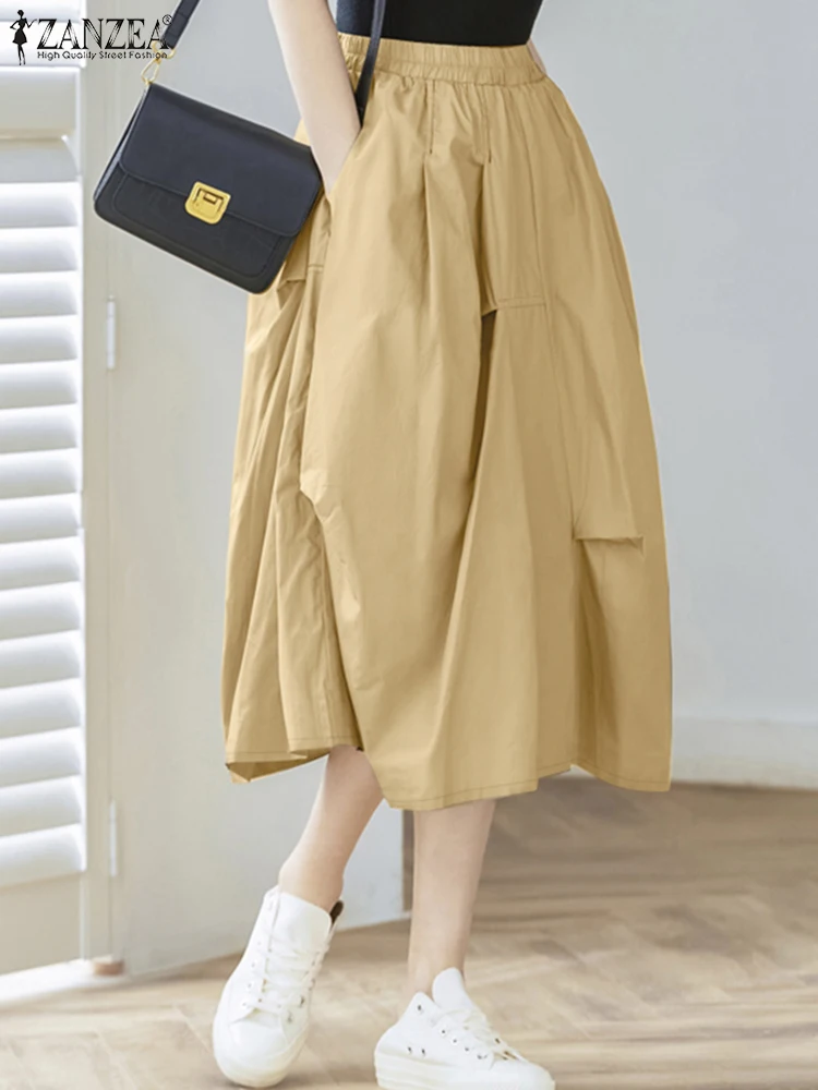 

ZANZEA Womens Casual Loose A-Line Midi Skirts Elastic Waist Gathering Detail Solid Color Skirt Everyday Wear Woman Bottoms S-3XL
