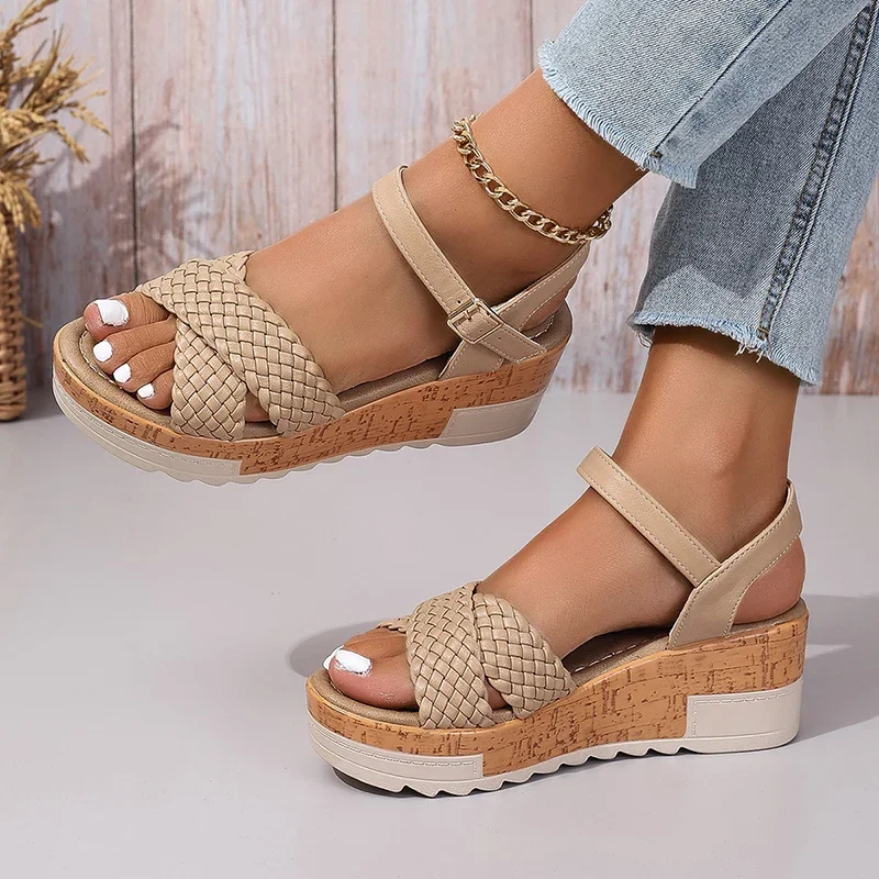 Gewebte Knöchelriemen-Keilabsatz-Sandalen für Damen, modisch, geflochtene Plattform, Rom-Schuhe, Damen-Sommer-2025, dicker Boden, Strand-Sandalen