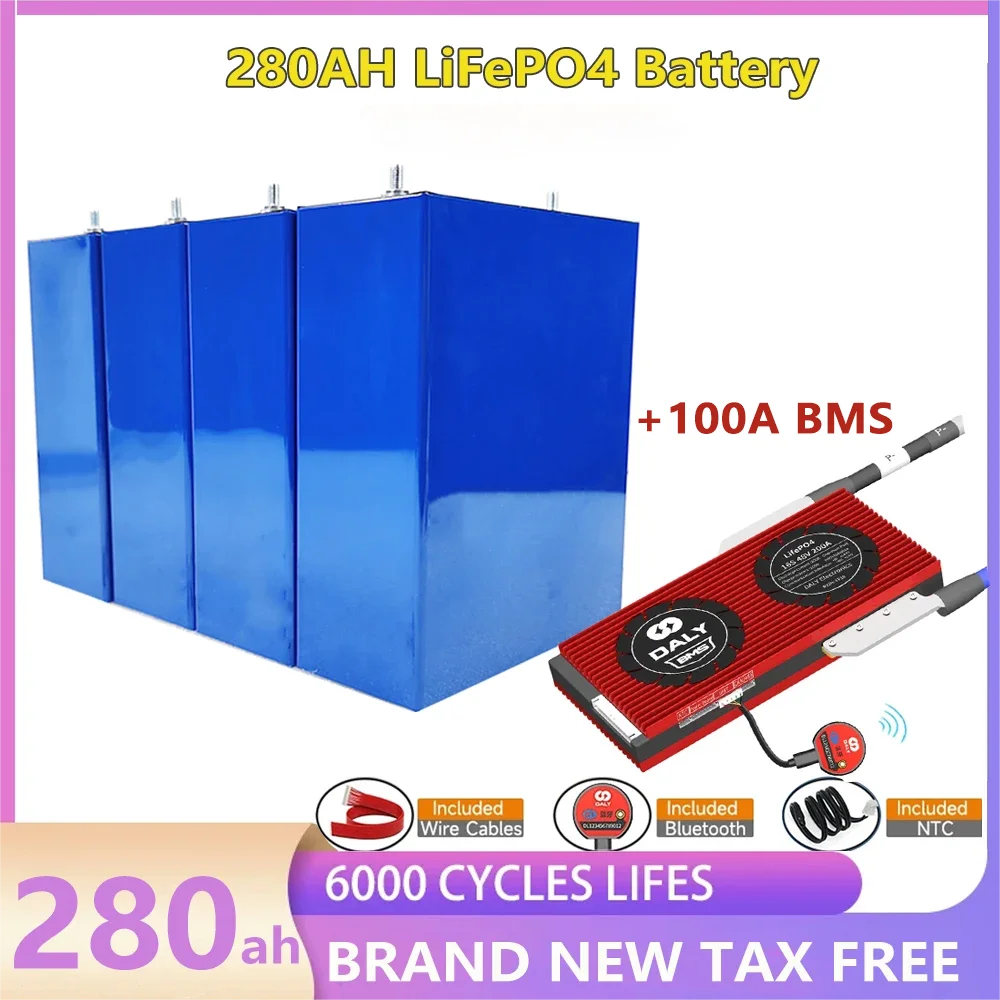 280AH LiFePO4 Battery Grade A 12V Smart BMS 8S 24V 100A with BT Lithium Battery Power Bank Solar Energy System