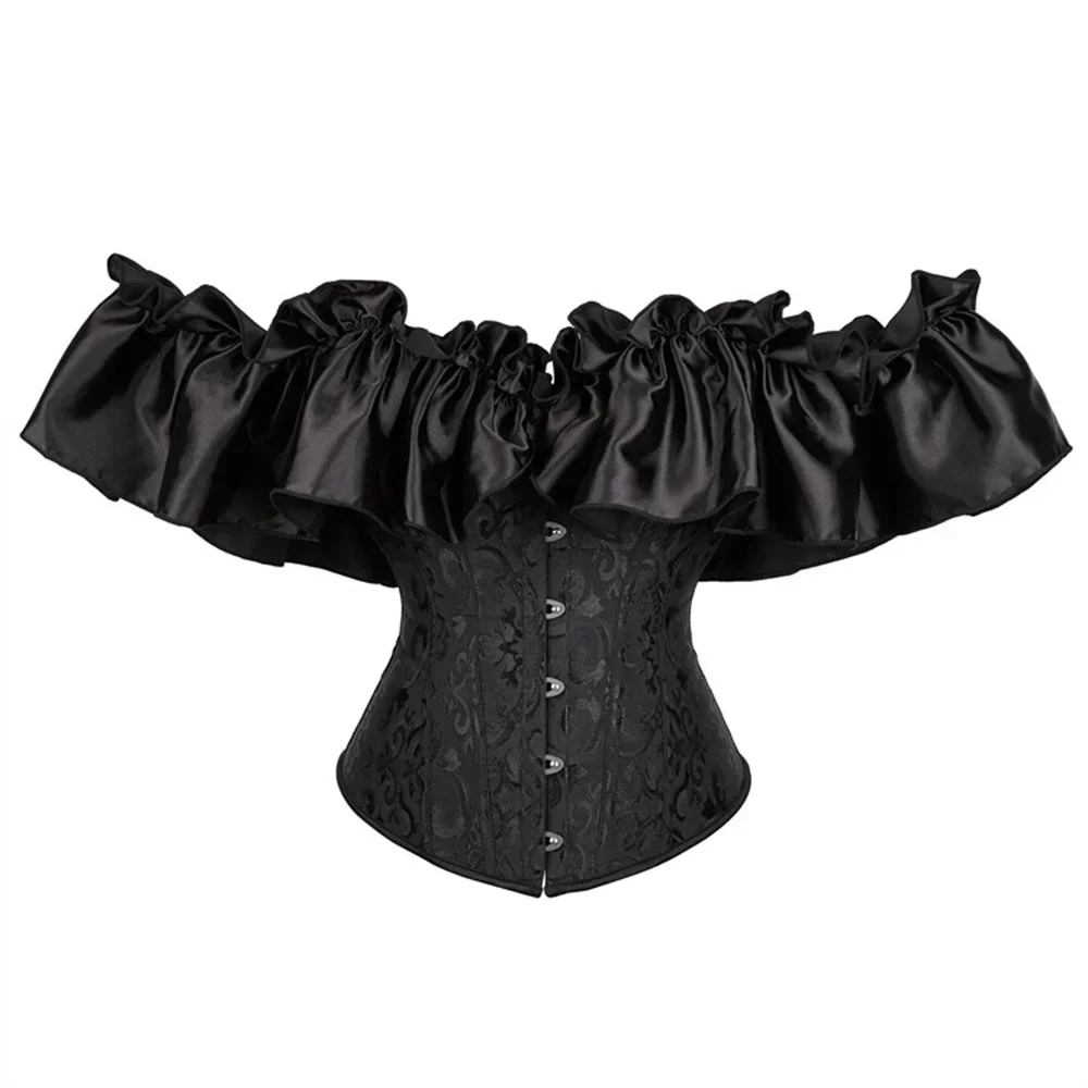 Sexy Gothic Corset Top Women Off Shoulder Ruffles Corsets Lace Floral Burlesque Overbust Corselet Shapewear