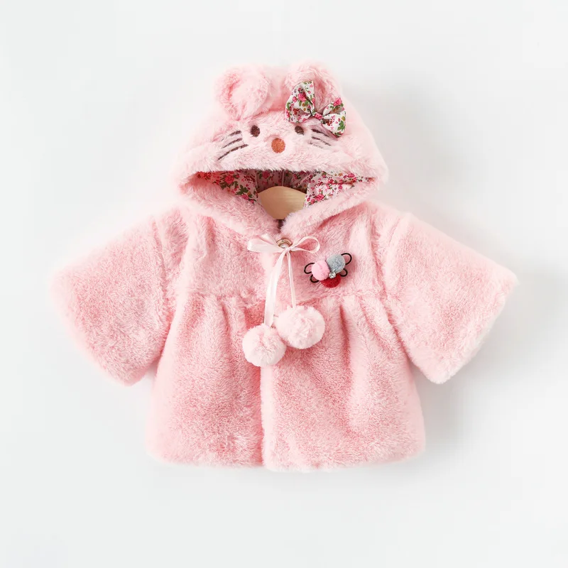 Winter Girls\' Woolen Sweater Jacket Baby Girls\' Solid Color Strap Butterfly Bow Ball Cartoon Hooded Jacket