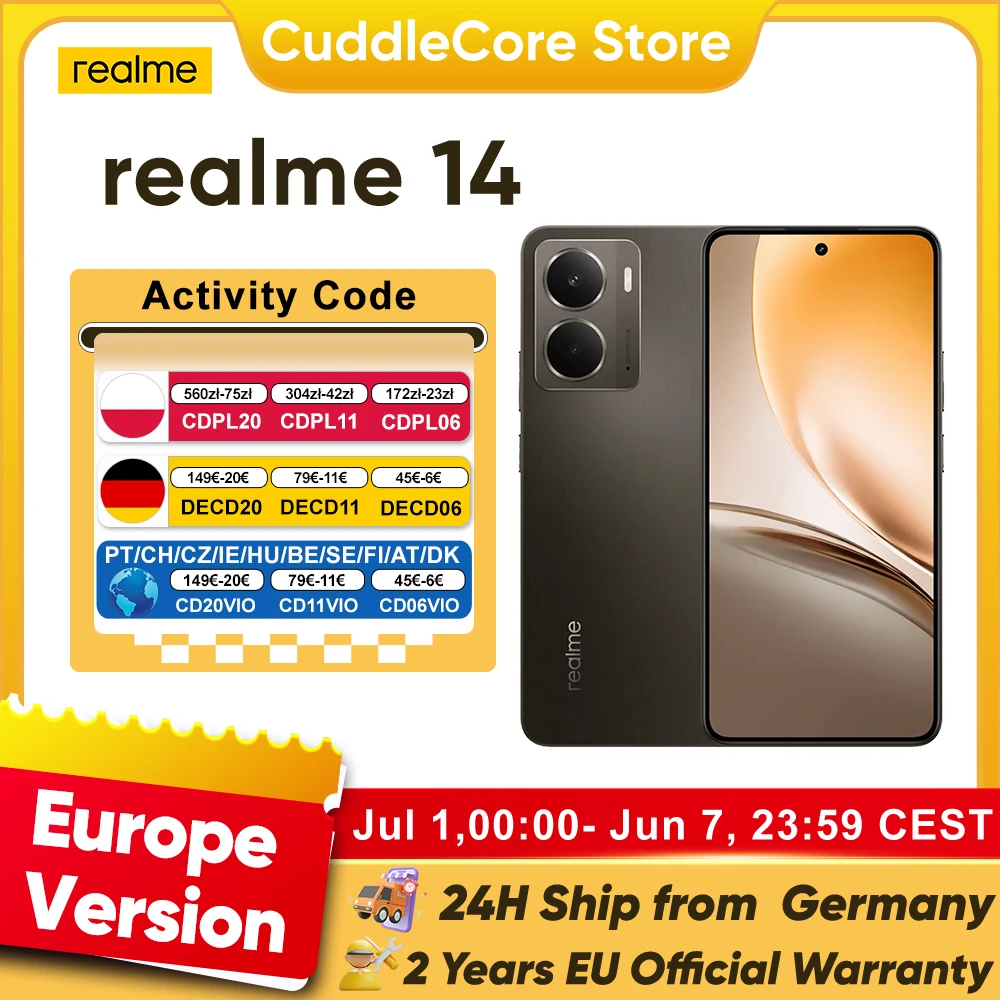 realme 14 5G Versión EU, Snapdragon 6 Gen 4, Batería Titan de 6000 mAh, Pantalla AMOLED de 6.67'' y 120Hz, Cargador de… — oferta en AliExpress