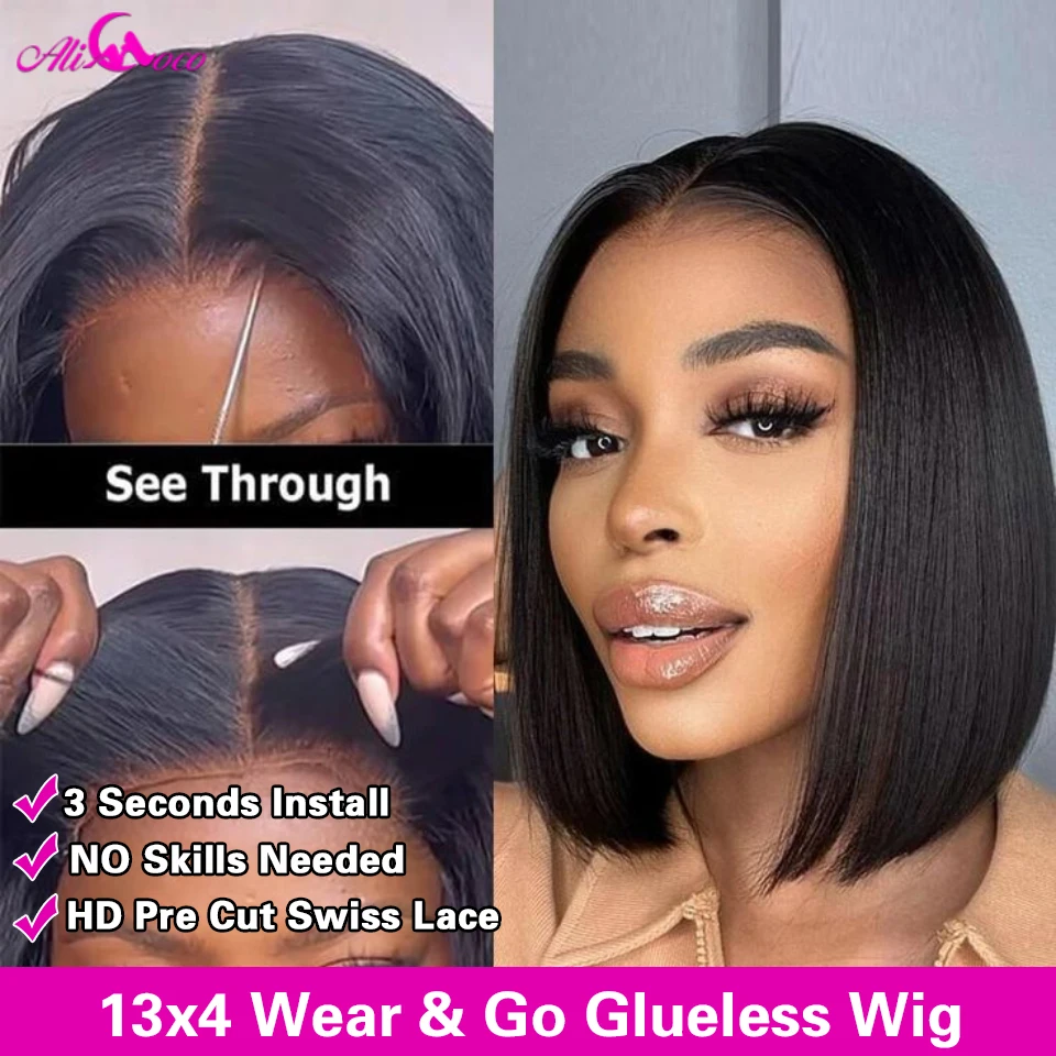 

Wear And Go Glueless Human Hair Wig Bob Malaysian Straight Short Bob 13x4 Lace Front Pre Plucked Human Wigs Ready To Go