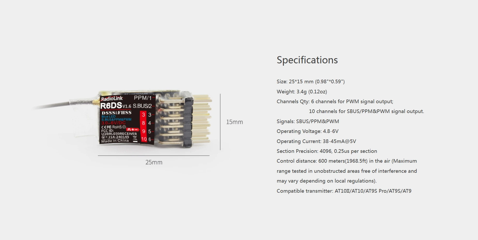 RadioLink R6DS 6/10CH 2,4G receptor 600 metros telemetría en tiempo Real 4,8-6V para ala fija RC coche barco Robot multicóptero planeador