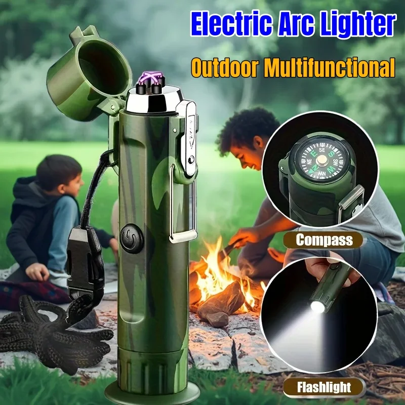 

USB Rechargeable Metal Plasma Double Arc Lighter Waterproof Windproof with Compass Flashlight Flameless Lighter Gifts for Men