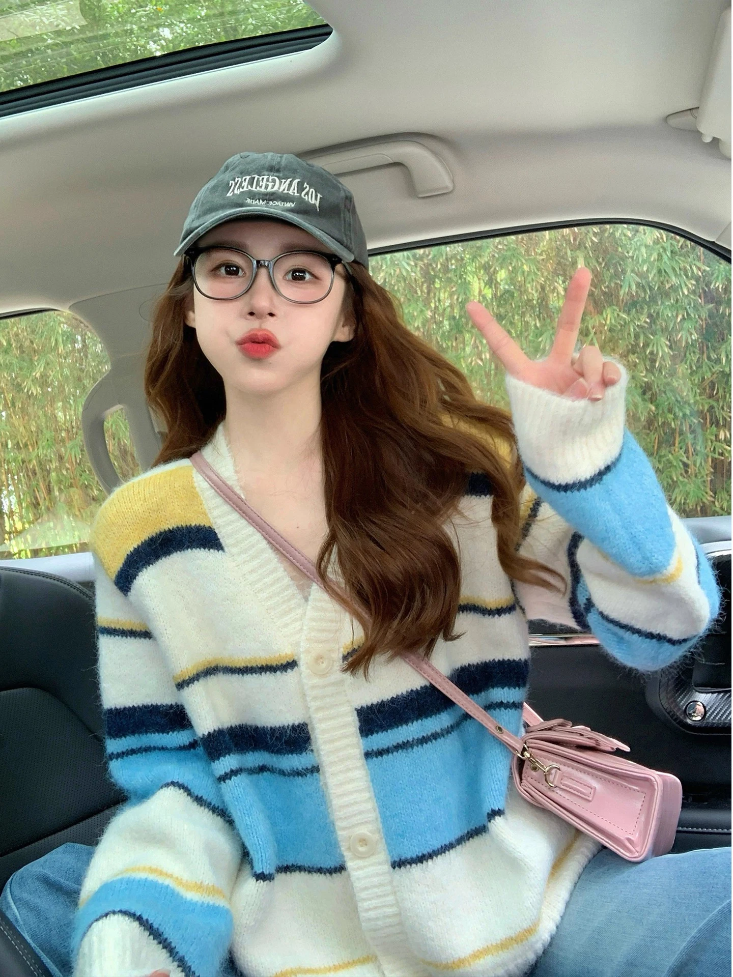 الرجعية V-Ne اللون بلو سترة مخططة المرأة فضفاضة كسول Sle لينة سترة مشغولة من الصوف الخريف الربيع الموسم طويل Sve