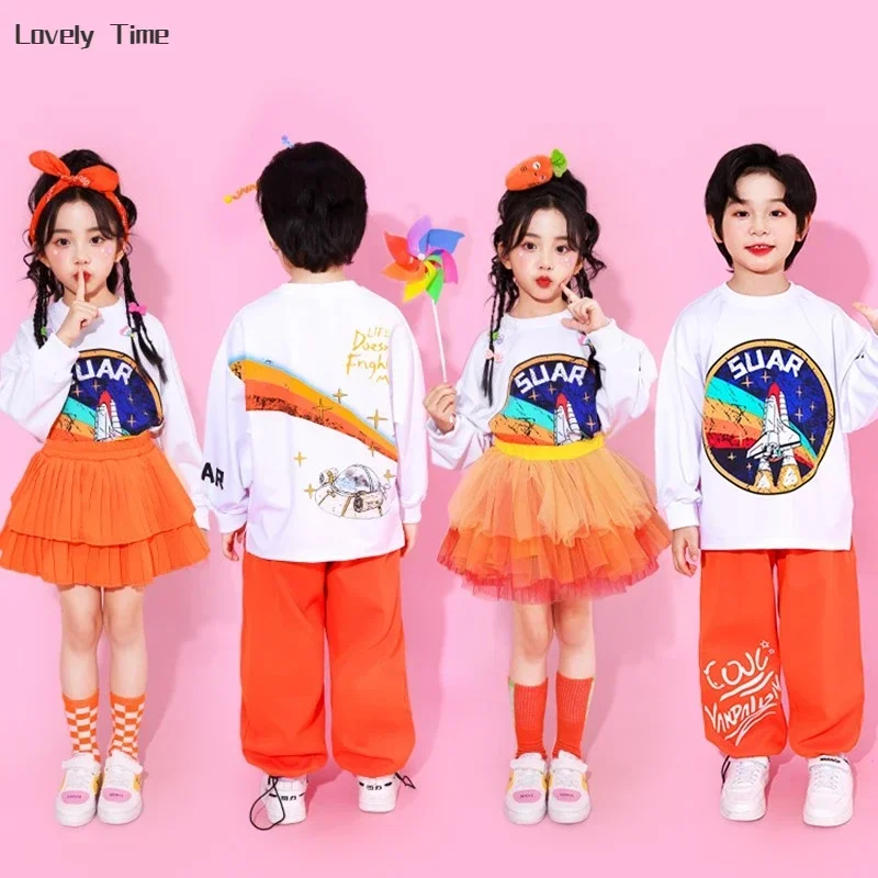 Kaus k-pop anak laki-laki perempuan, set pakaian olahraga anak-anak, baju dansa jalanan tepi berjenjang Hip Hop oranye