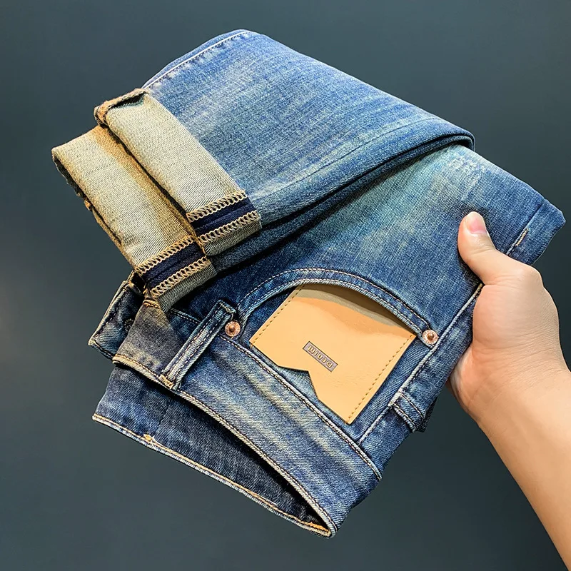 Ripped Jeans Men's Summer New Trendy High-End Slim Fit Harem Blue, Thin Stretch Casual Light Luxury Long Pants