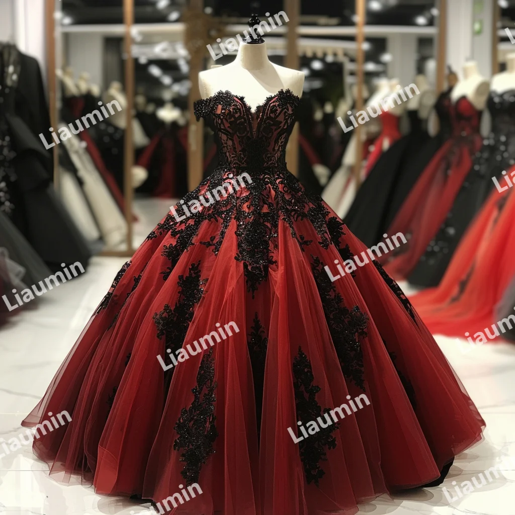 Custom Off the Shoulder Tulle Black Lace, Applique Strapless Prom Dress, Festa de noite formal de casamento, Lace Up Back, A3-1.11, Tule vermelho