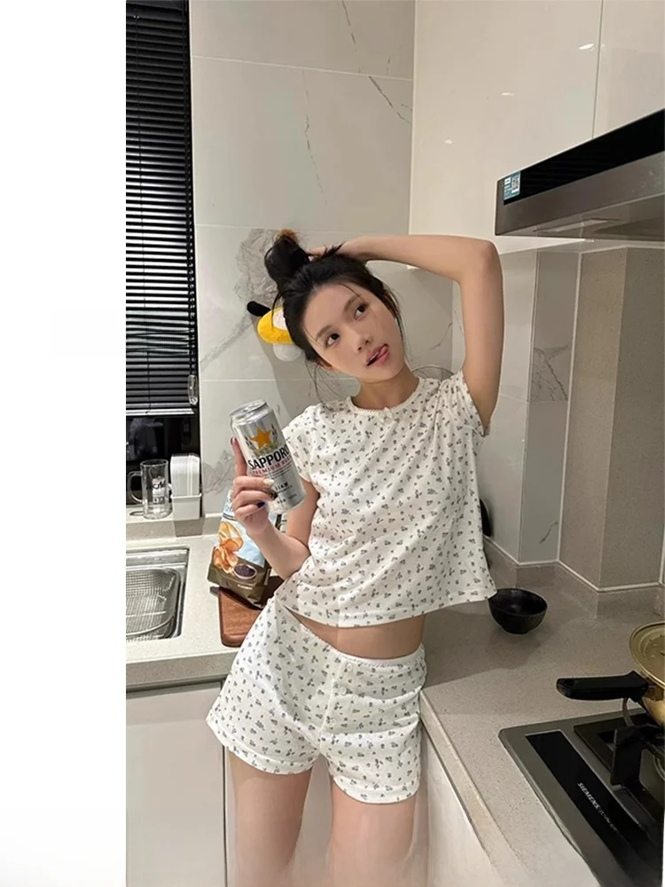 

Cute Floral Print round Ne Spwear Women's Summer Home Clothes ort Sve Matching Pants Outerwear Casual Sle