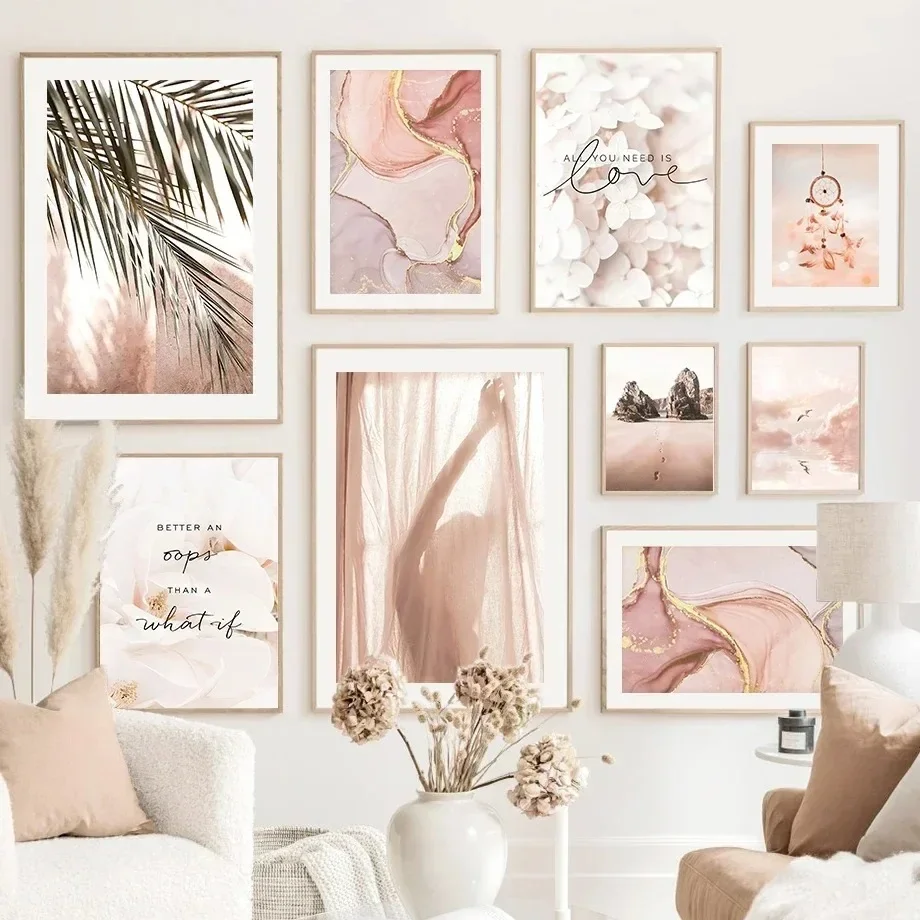 Modern Pink Gold Marble Flower Beach Girl Wall Diamond Painting Art Nordic Posters and Printmaking Living Room Home Wall Paint
