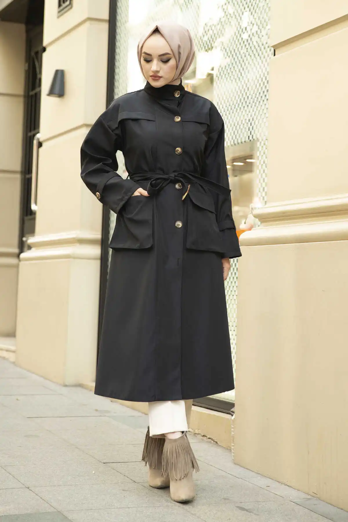 Pocket Detail Hijab Trench Coat Black