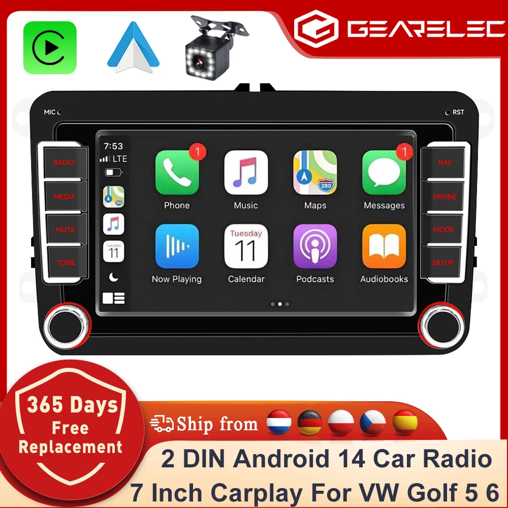 Radio samochodowe Carplay 2 DIN z Androidem 14, odtwarzacz multimedialny 2 Din z Android Auto, stereo samochodowe do Volkswagen VW Caddy, Golf V, VI Plus, Touran, Passat B6, Polo, Jetta, Skoda